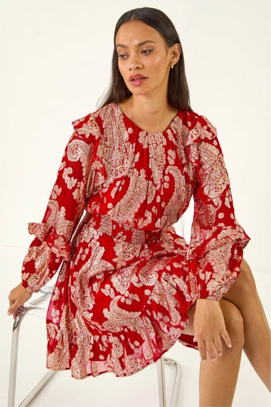 Dusk Red Floral Foil Paisley Dress