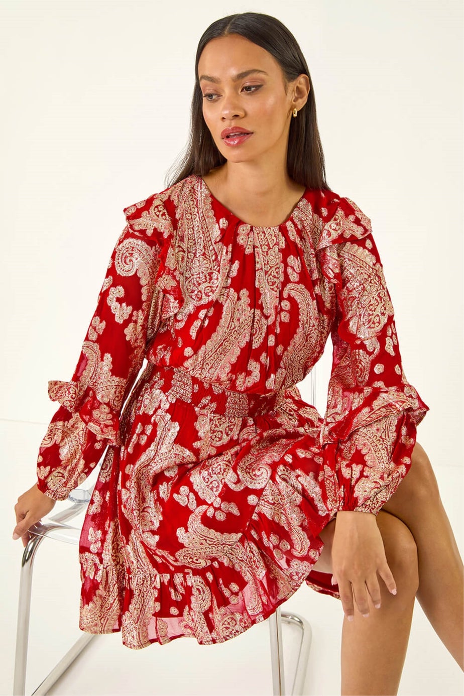 Dusk Red Floral Foil Paisley Dress