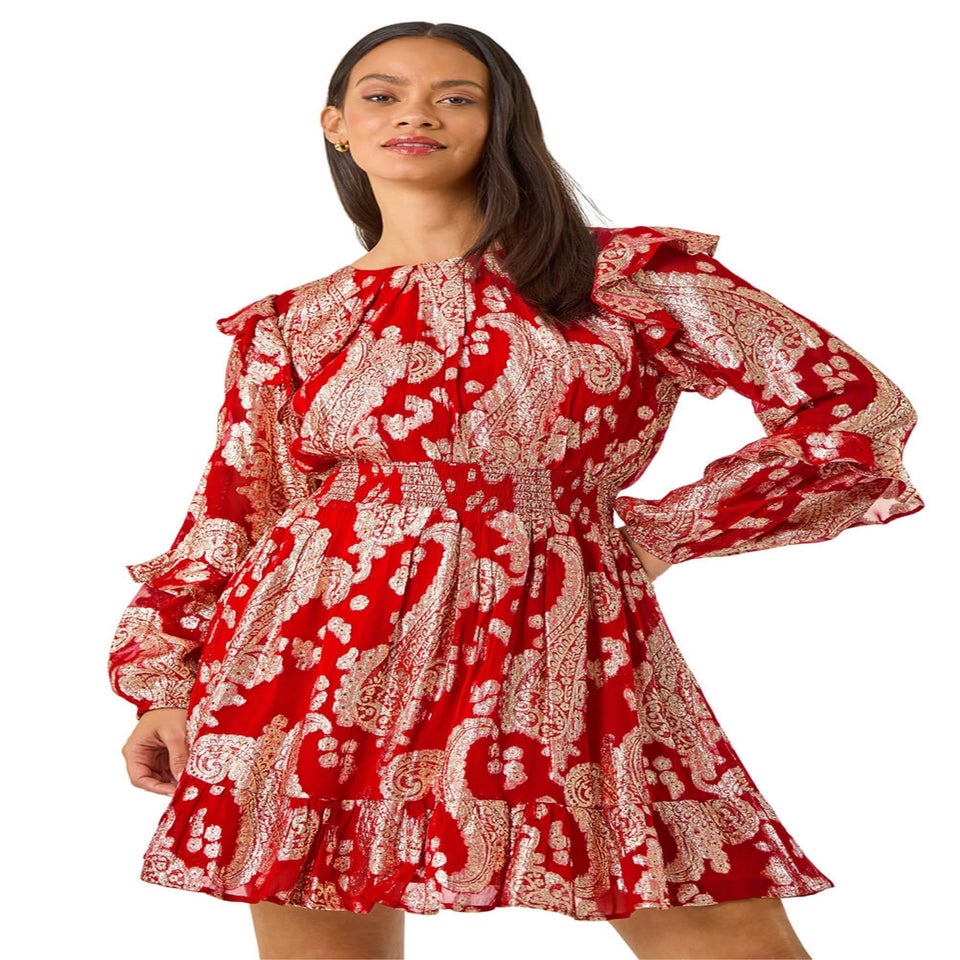 Dusk Red Floral Foil Paisley Dress
