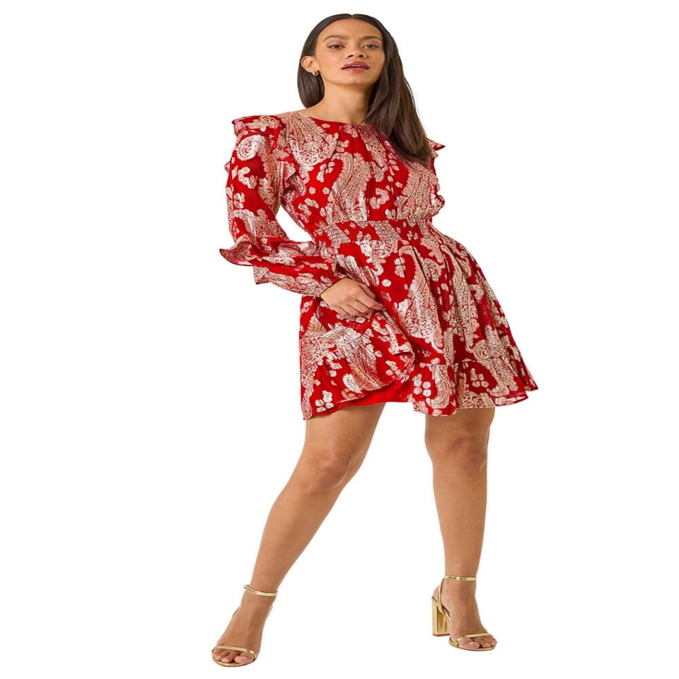 Dusk Red Floral Foil Paisley Dress