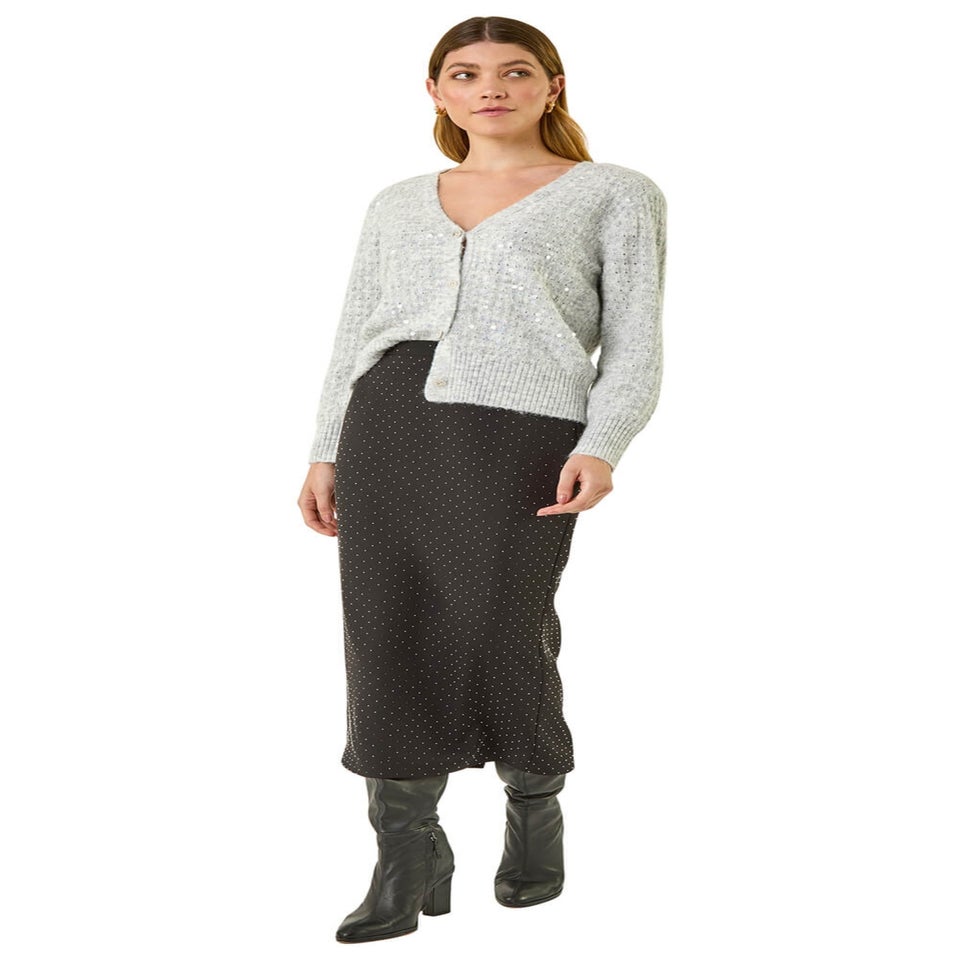 Roman Black Diamante Stretch Pencil Midi Skirt