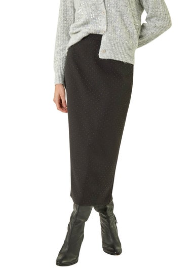 Roman Black Diamante Stretch Pencil Midi Skirt