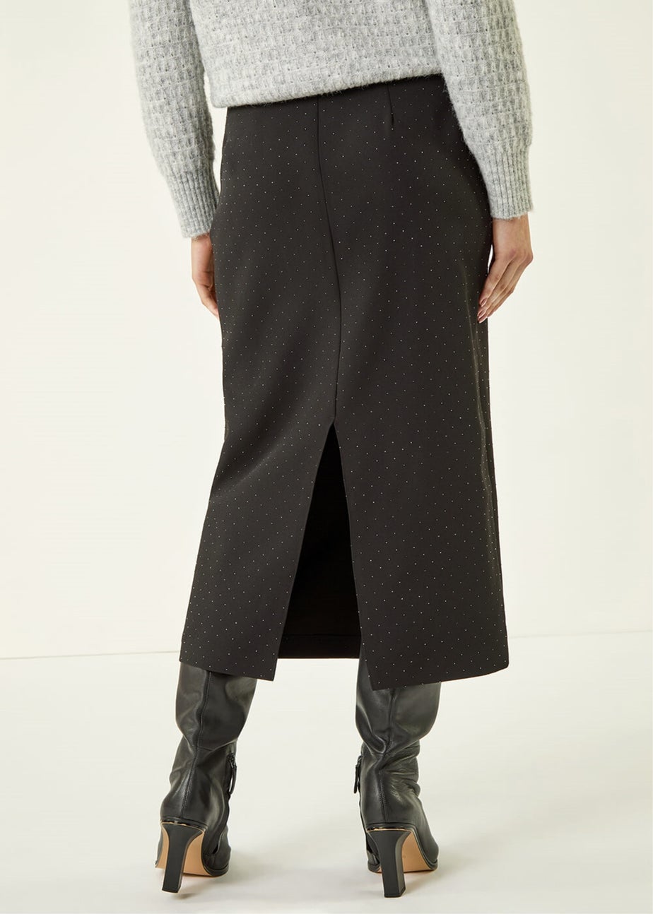 Roman Black Diamante Stretch Pencil Midi Skirt