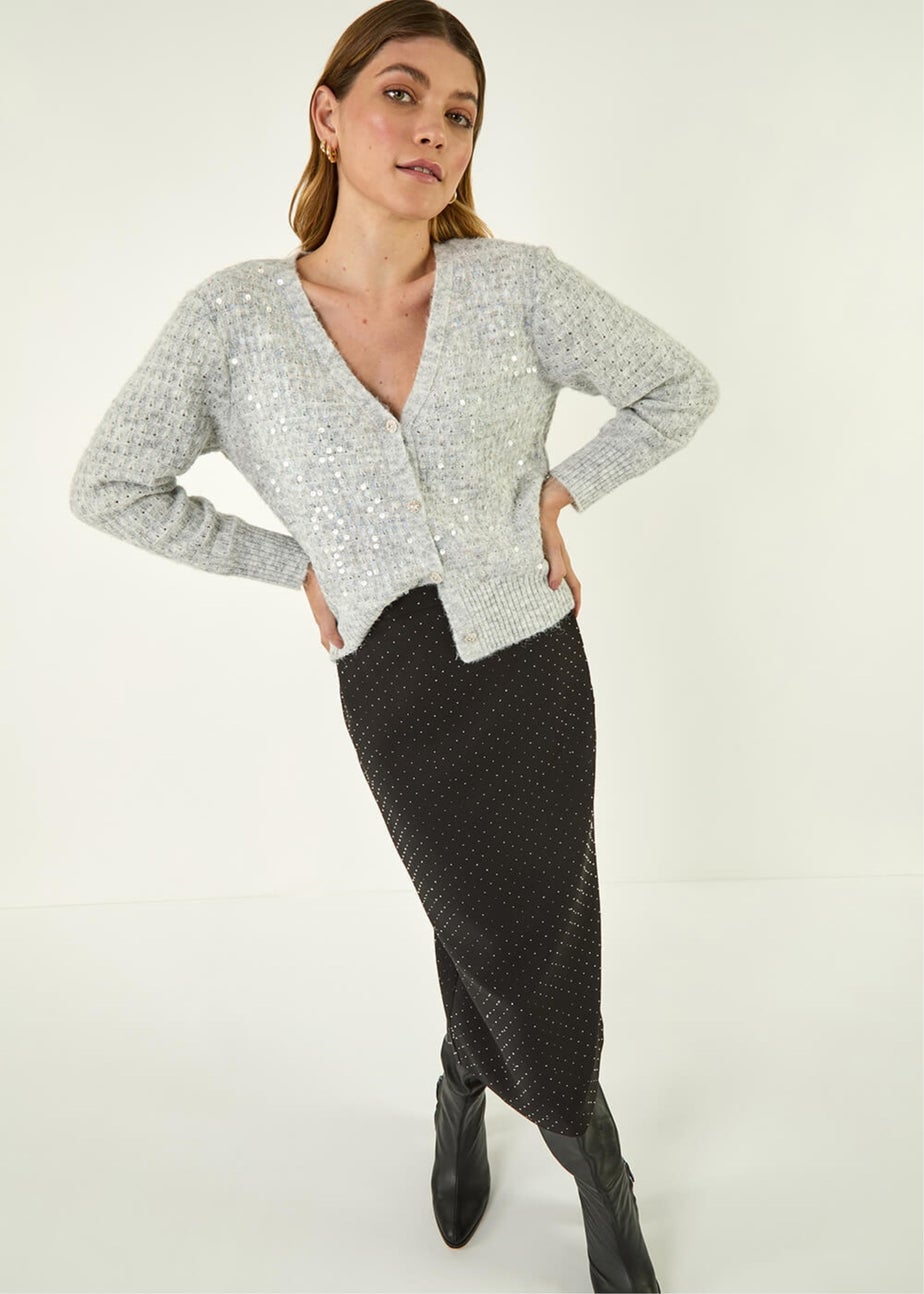 Roman Black Diamante Stretch Pencil Midi Skirt