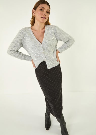 Roman Black Diamante Stretch Pencil Midi Skirt