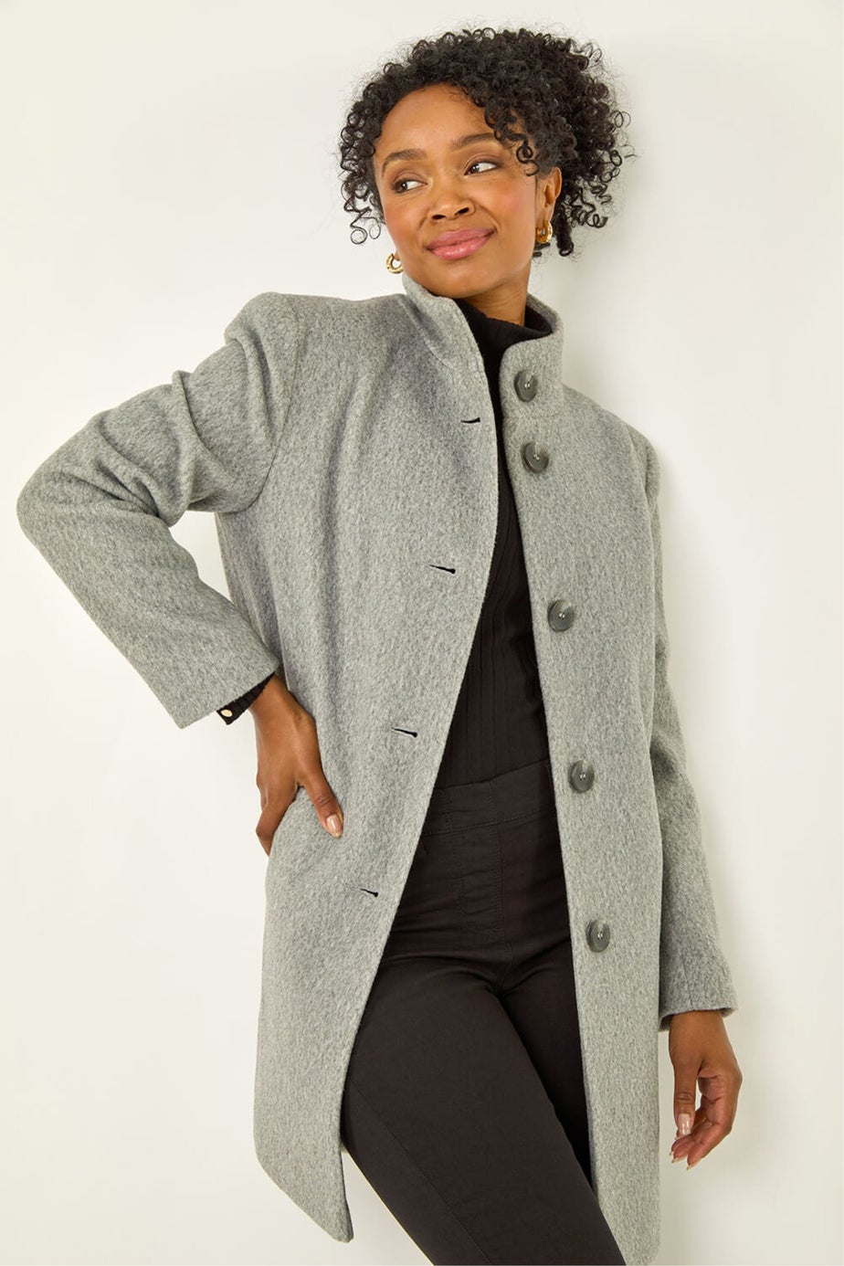 Roman Grey Petite Brushed Funnel Neck Coat