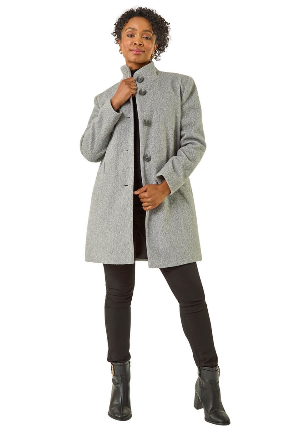 Roman Grey Petite Brushed Funnel Neck Coat