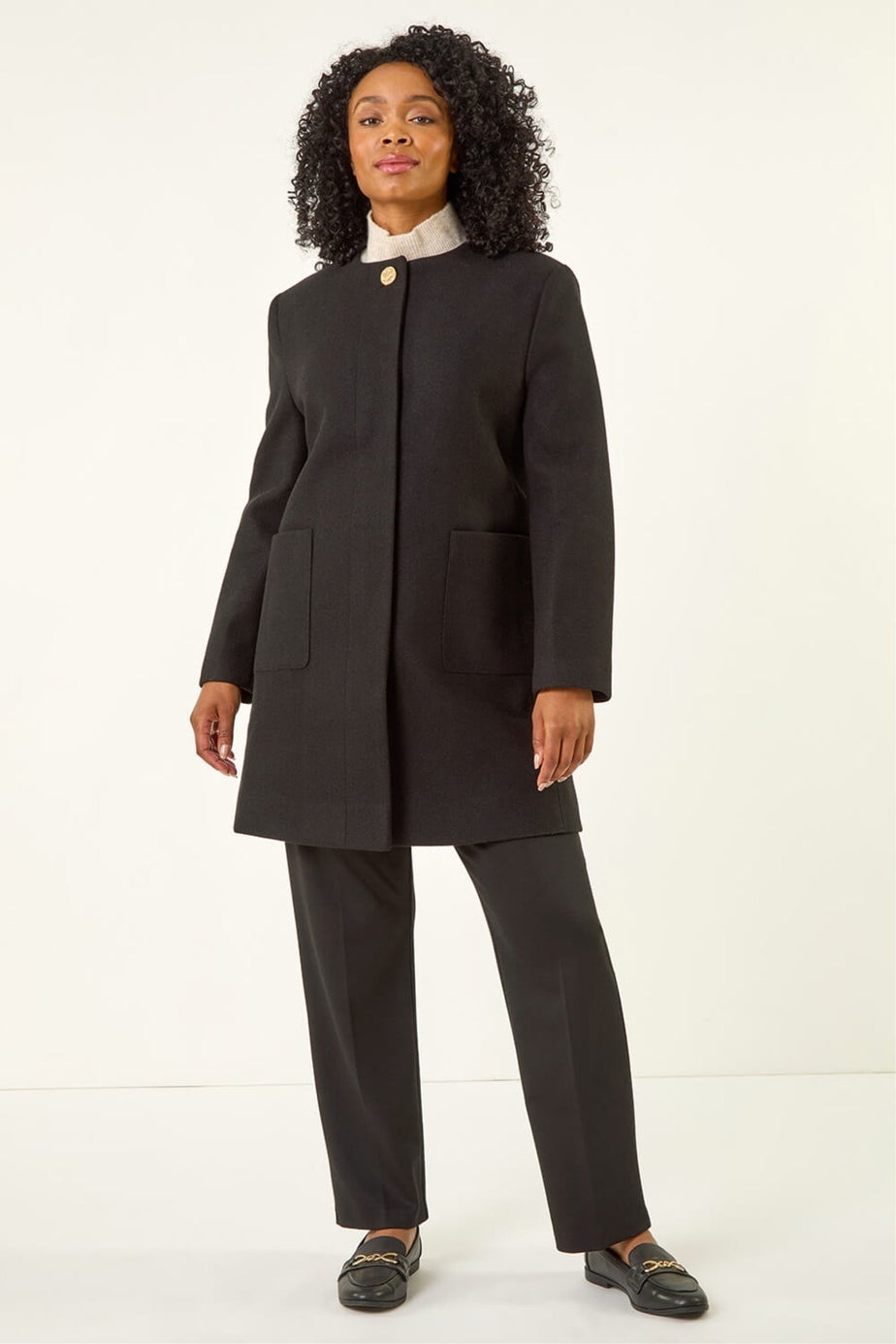 Roman Black Petite Patch Pocket Buttoned Coat