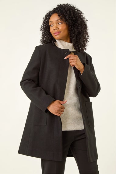 Roman Black Petite Patch Pocket Buttoned Coat