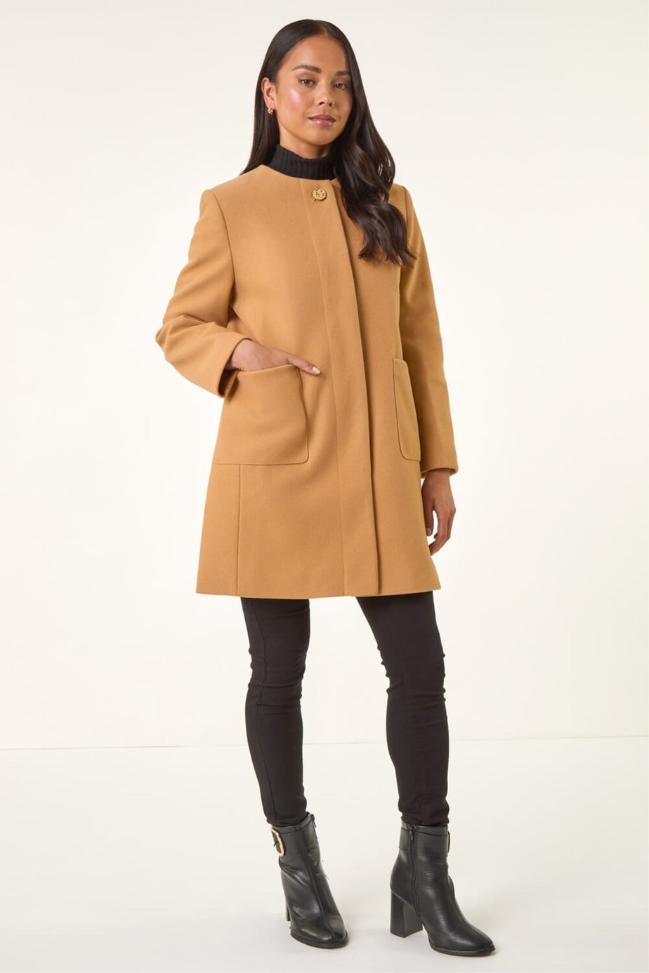 Roman Camel Petite Patch Pocket Buttoned Coat
