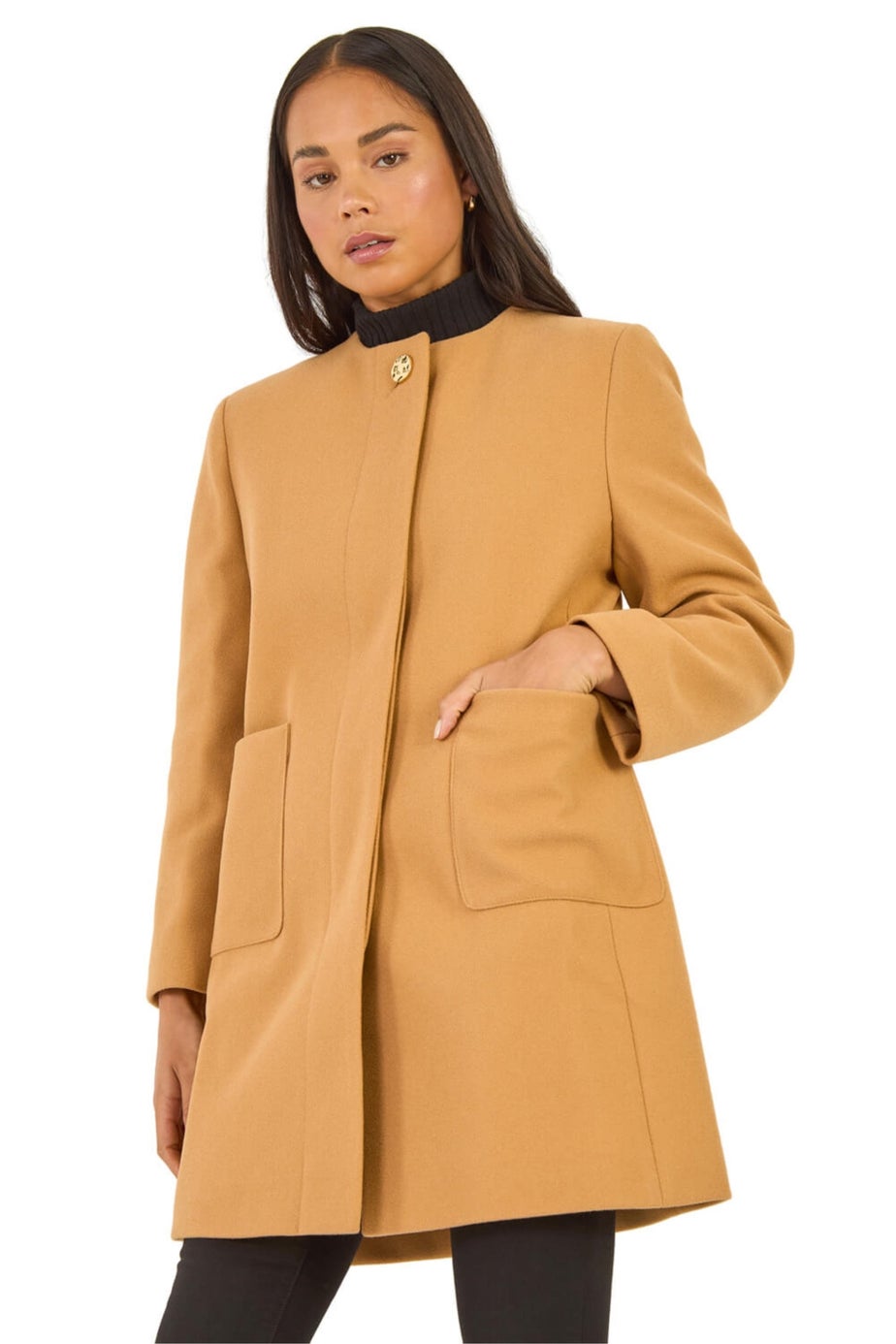 Roman Camel Petite Patch Pocket Buttoned Coat