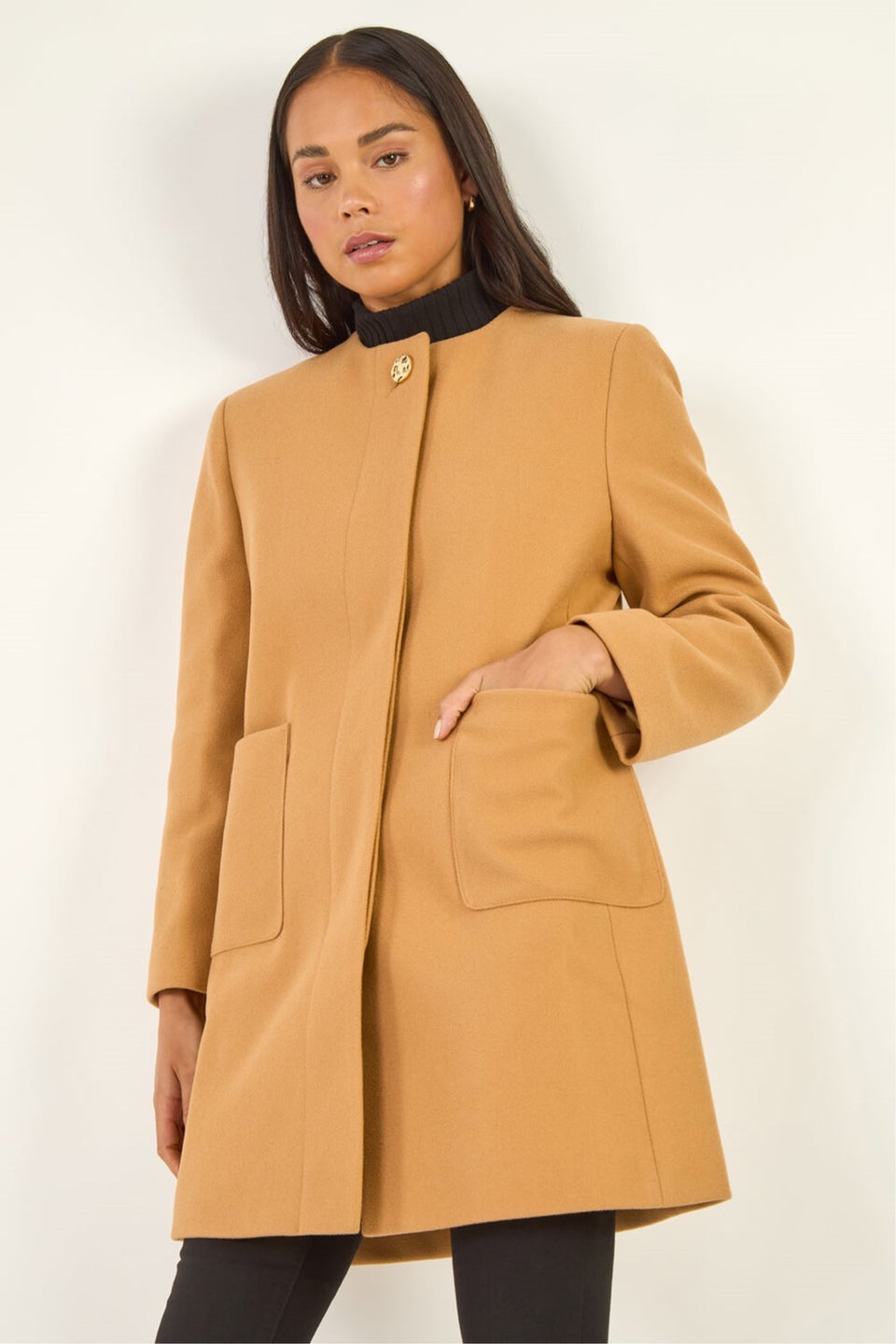 Roman Camel Petite Patch Pocket Buttoned Coat
