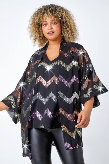 Roman Black Curve 3/4 Sleeve Sequin Zig Zag Kimono