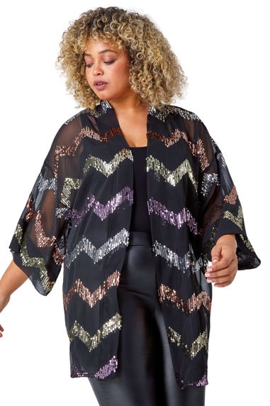 Roman Black Curve 3/4 Sleeve Sequin Zig Zag Kimono