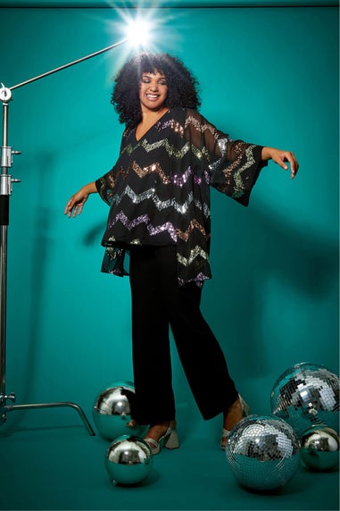 Roman Black Curve 3/4 Sleeve Sequin Zig Zag Kimono