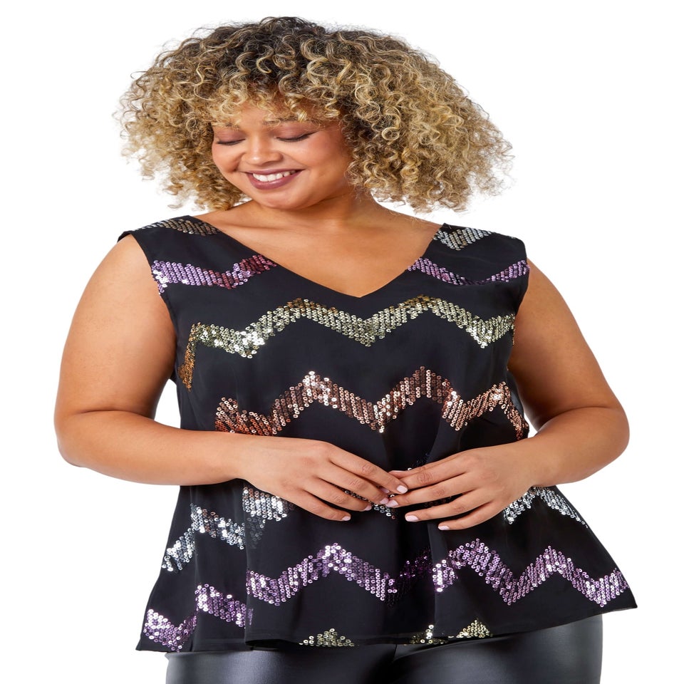 Roman Black Curve Sequin Zig Zag Cami Top