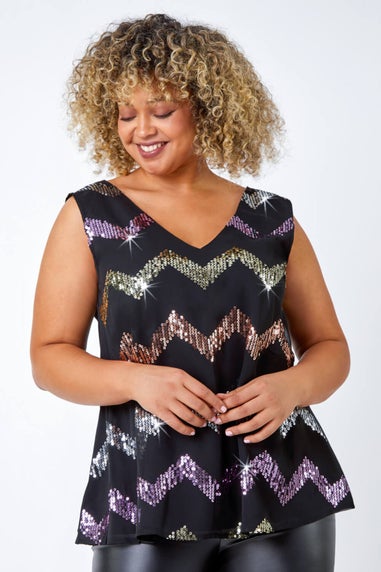 Roman Black Curve Sequin Zig Zag Cami Top