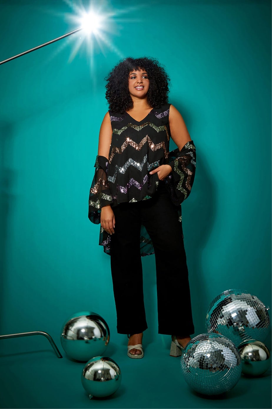 Roman Black Curve Sequin Zig Zag Cami Top