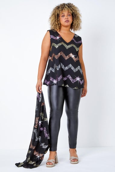 Roman Black Curve Sequin Zig Zag Cami Top