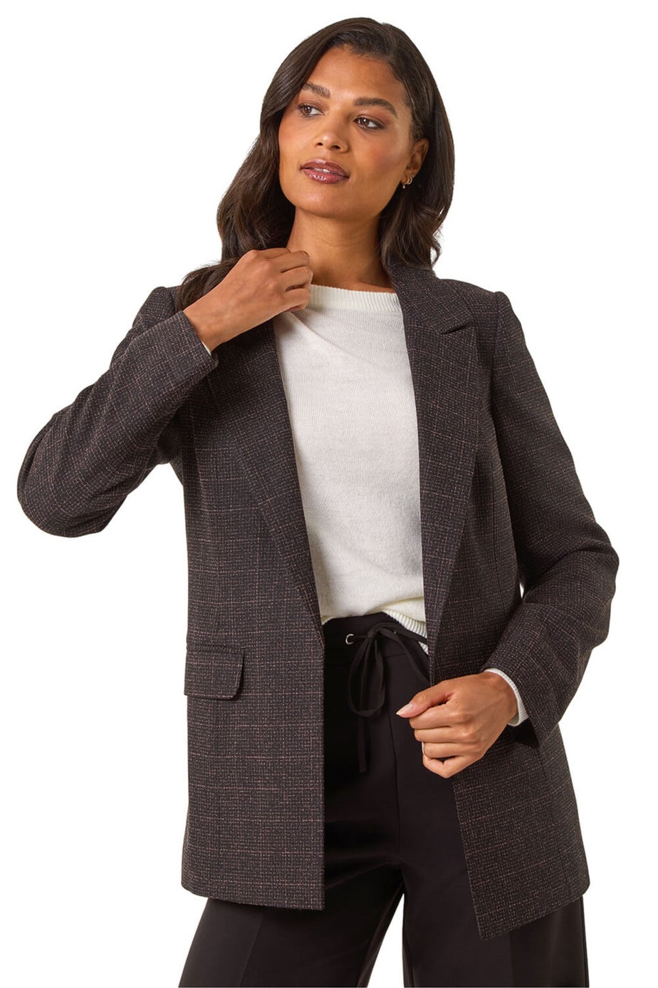Roman Aubergine Check Print Longline Blazer