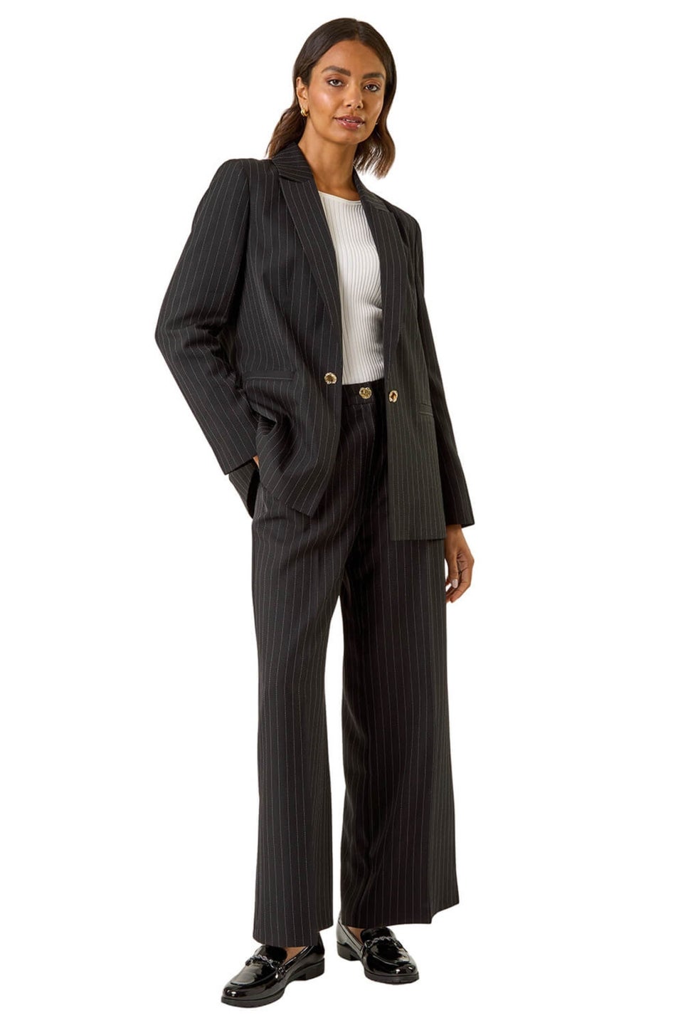 Roman Black Pinstripe Revered Collar Blazer