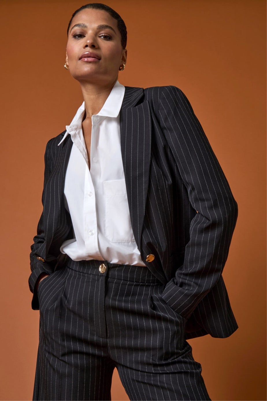 Roman Black Pinstripe Revered Collar Blazer