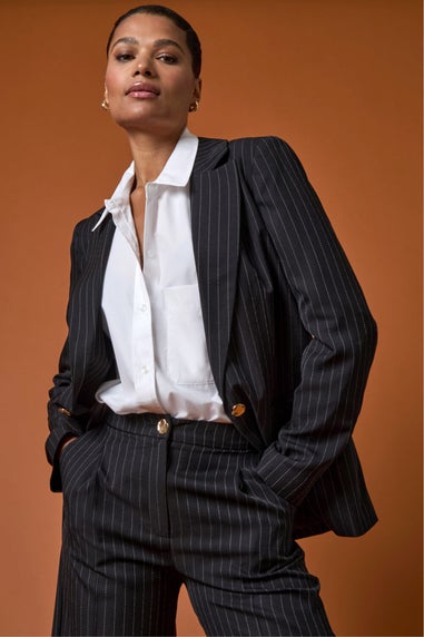 Roman Black Pinstripe Revered Collar Blazer