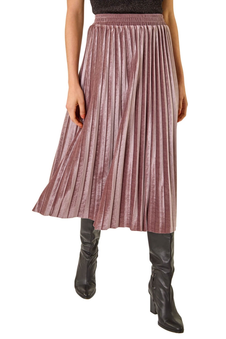 Roman Rose Velvet Pleated Midi Skirt