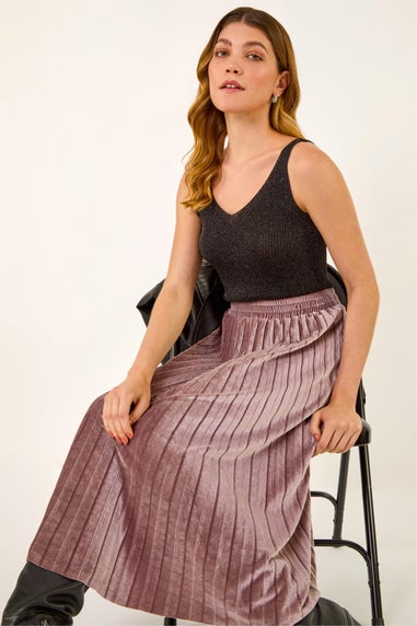 Roman Rose Velvet Pleated Midi Skirt