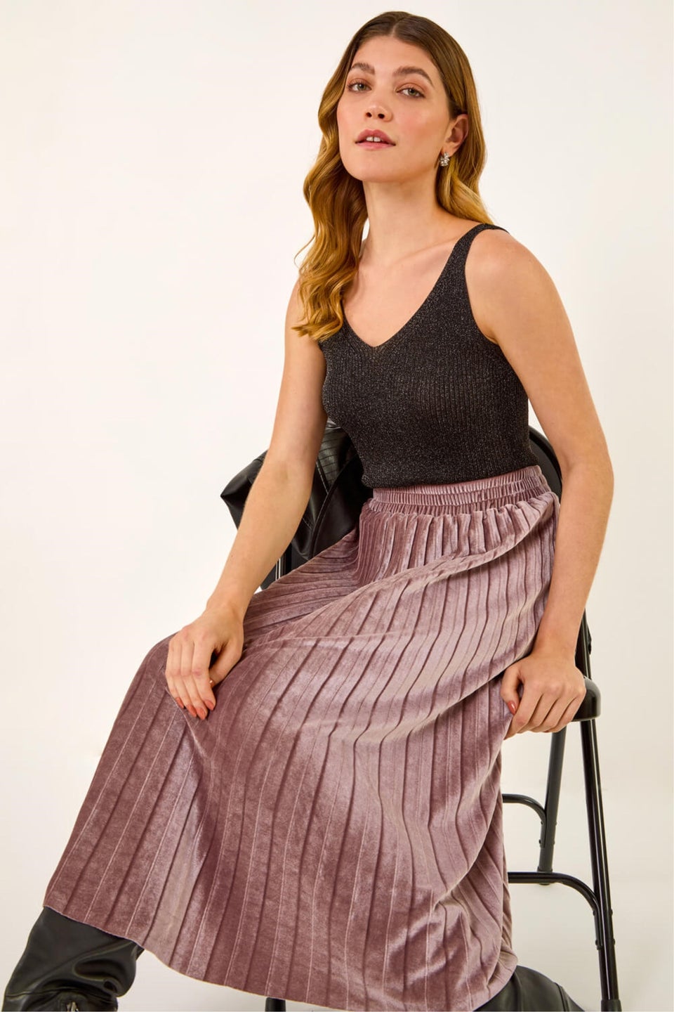 Roman Rose Velvet Pleated Midi Skirt