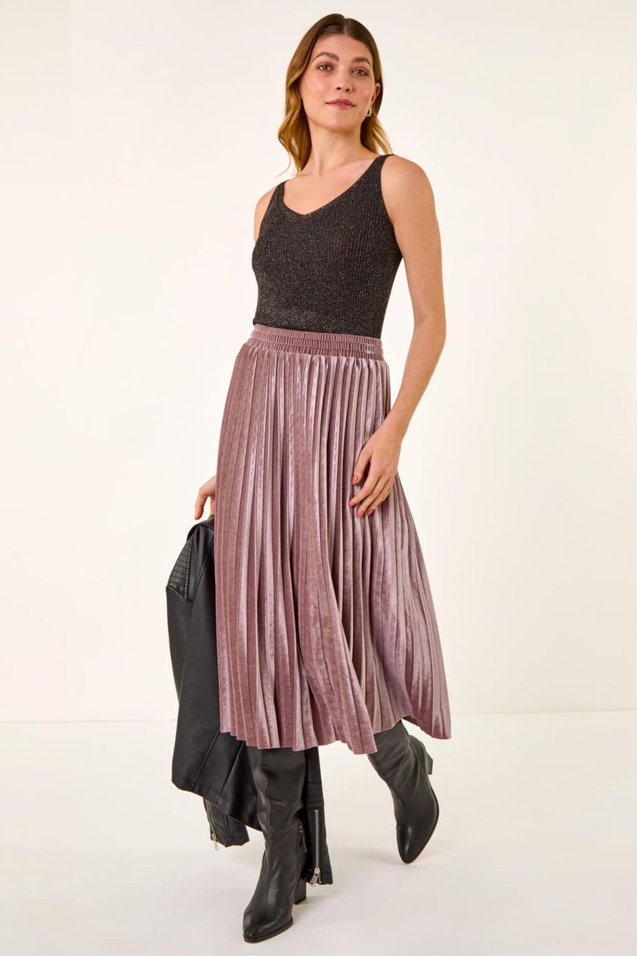 Roman Rose Velvet Pleated Midi Skirt
