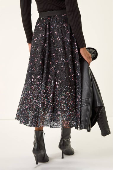 Roman Black Printed Lace Overlay Skirt