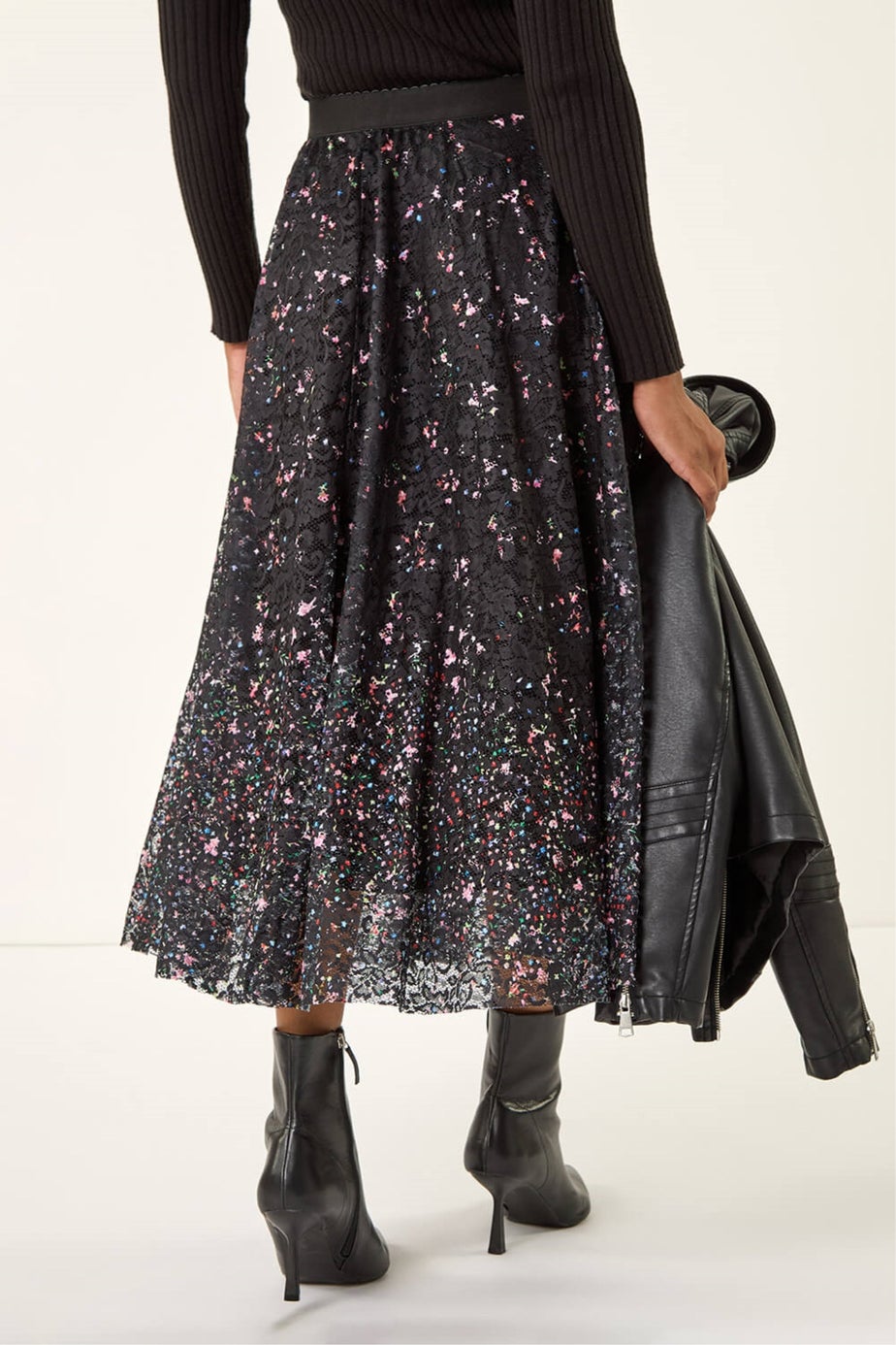 Roman Black Printed Lace Overlay Skirt
