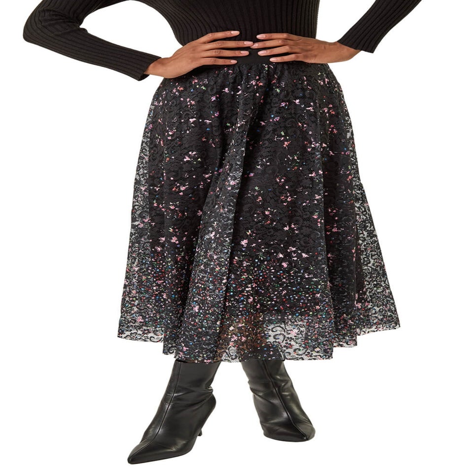 Roman Black Printed Lace Overlay Skirt