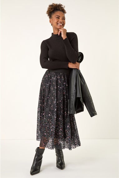 Roman Black Printed Lace Overlay Skirt