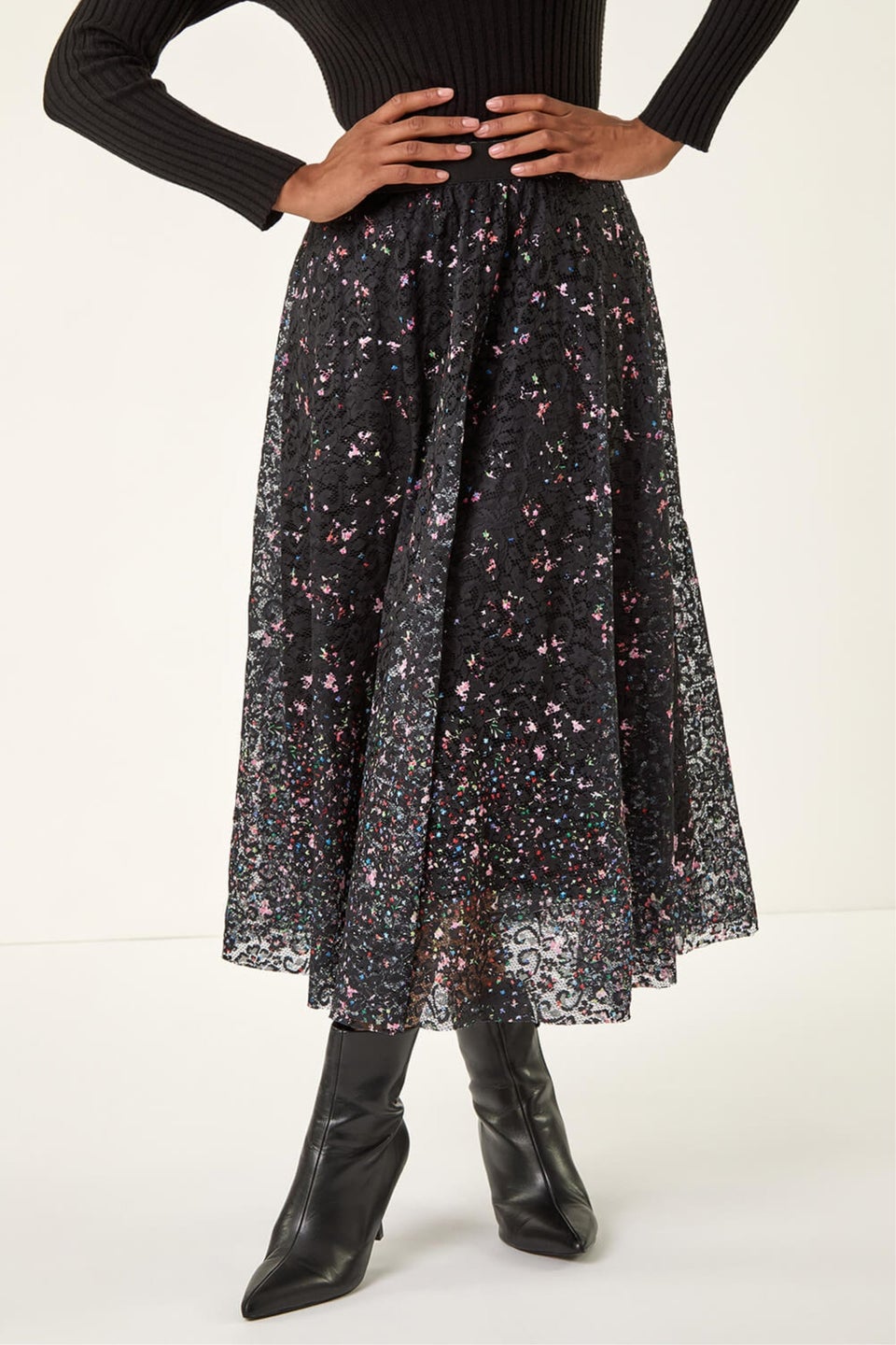 Roman Black Printed Lace Overlay Skirt