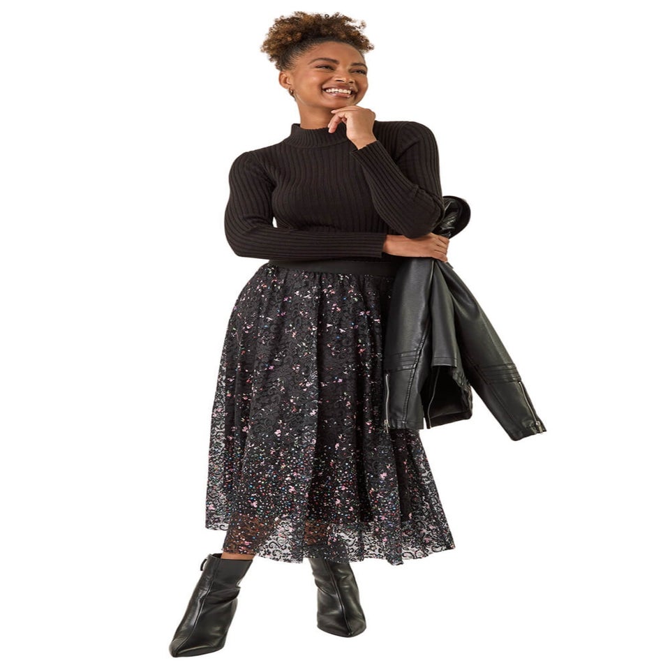 Roman Black Printed Lace Overlay Skirt