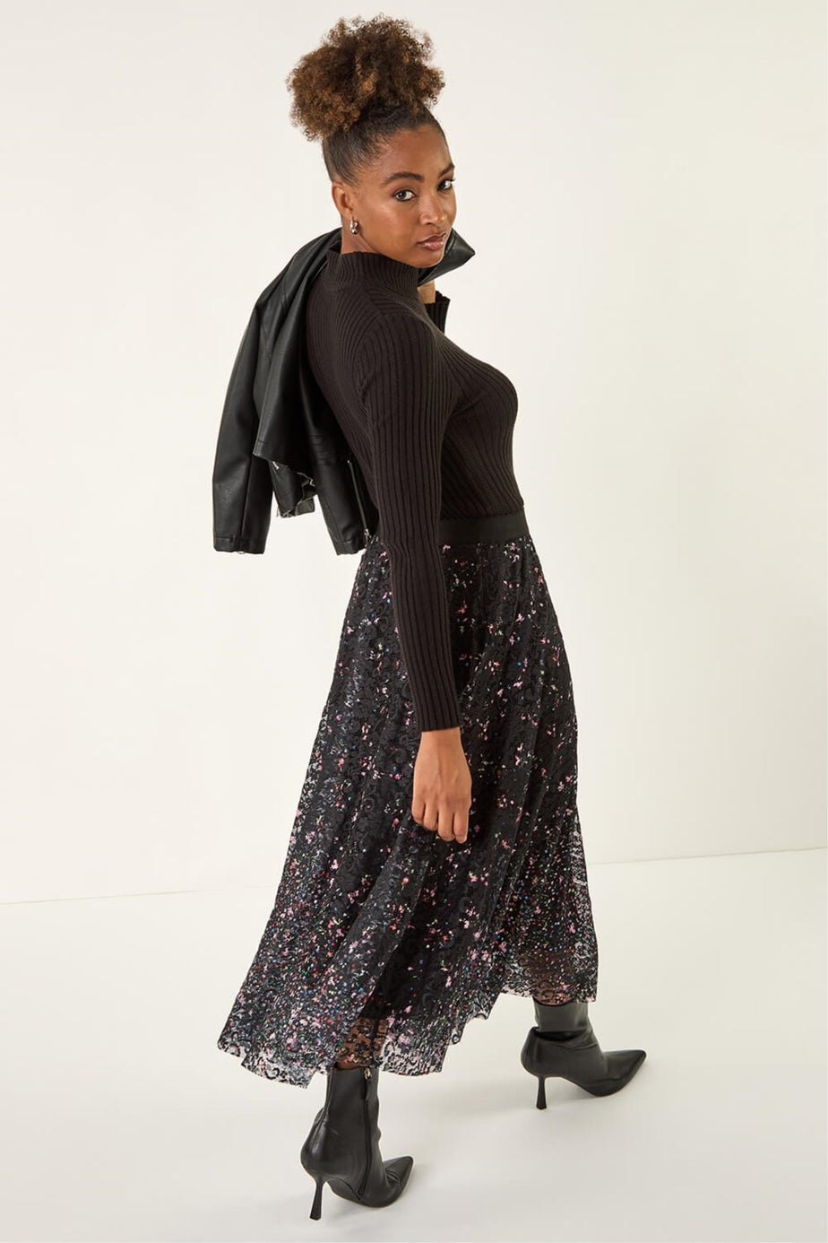 Roman Black Printed Lace Overlay Skirt