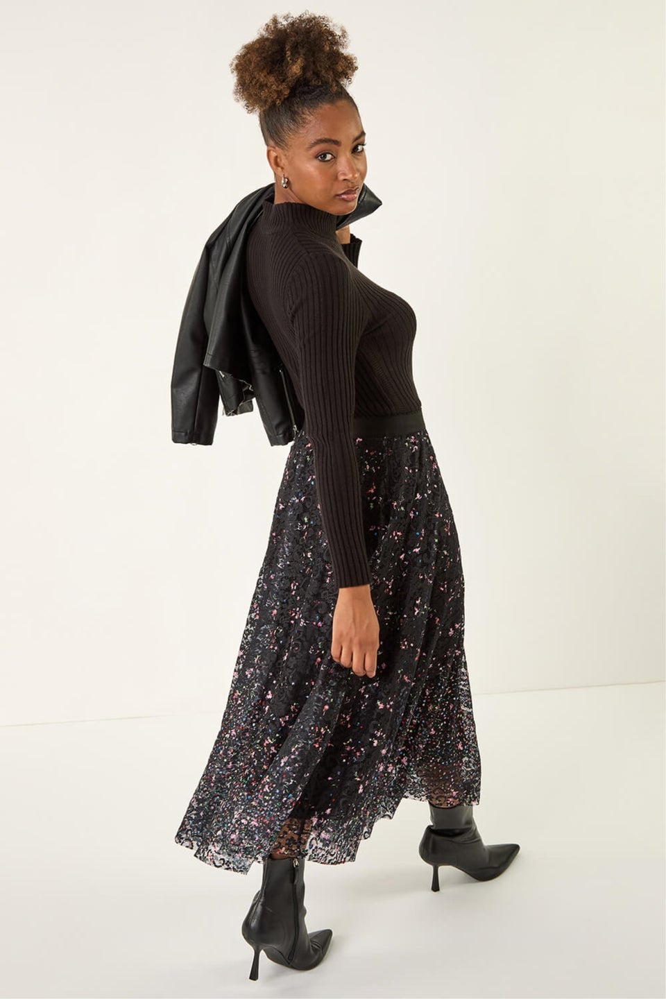 Roman Black Printed Lace Overlay Skirt