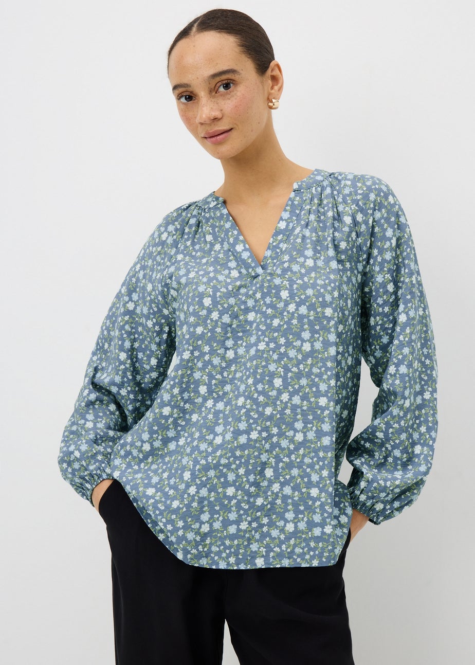 Blue Floral Popover Blouse