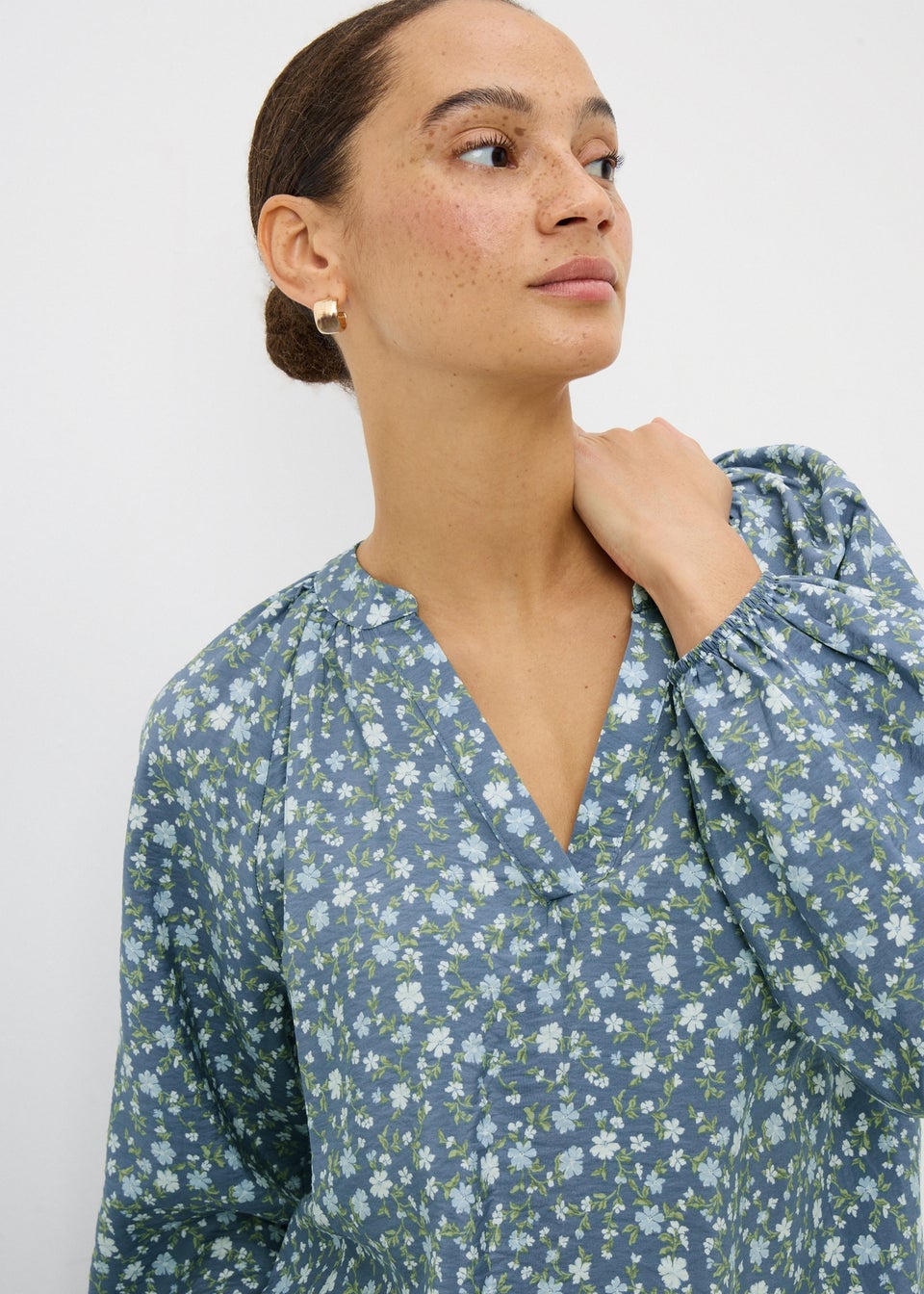 Blue Floral Popover Blouse