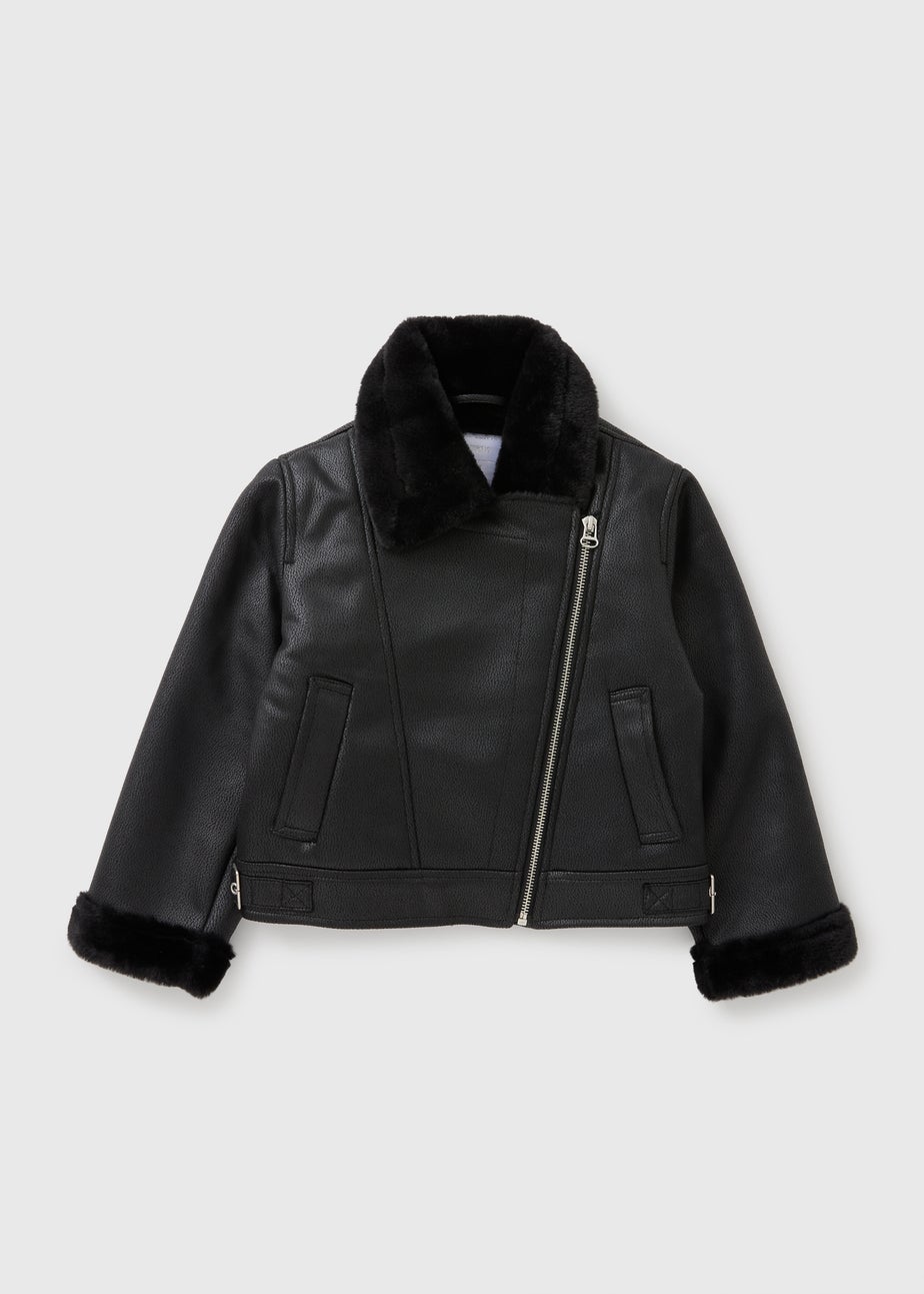 Girls Black Faux Leather Aviator Jacket (7-15yrs)