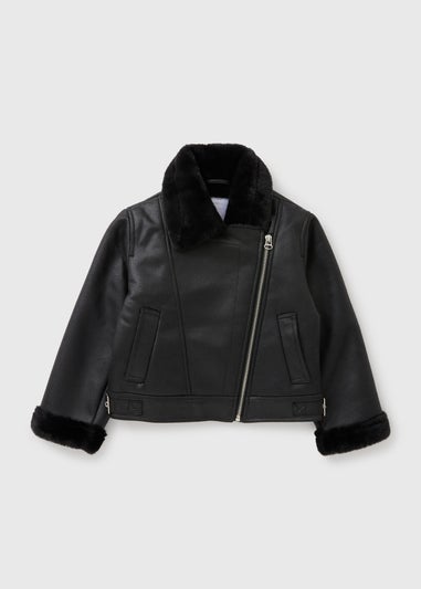 Girls Black Faux Leather Aviator Jacket (7-15yrs)