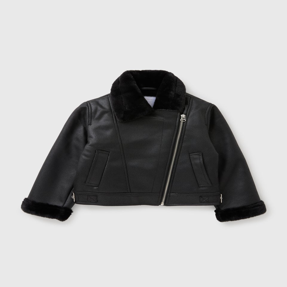 Girls Black Faux Leather Aviator Jacket (7-15yrs)