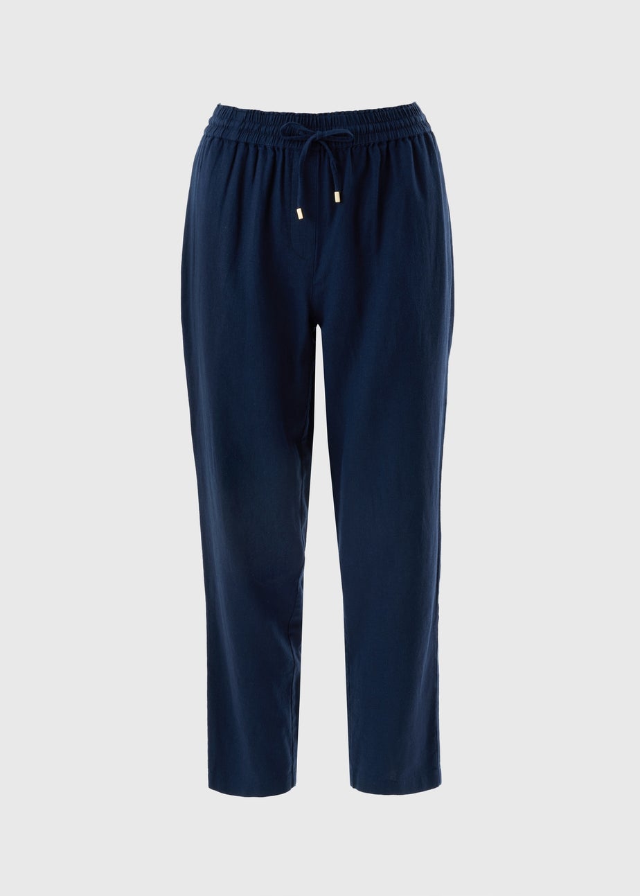 Navy Linen Blend Tapered Trousers