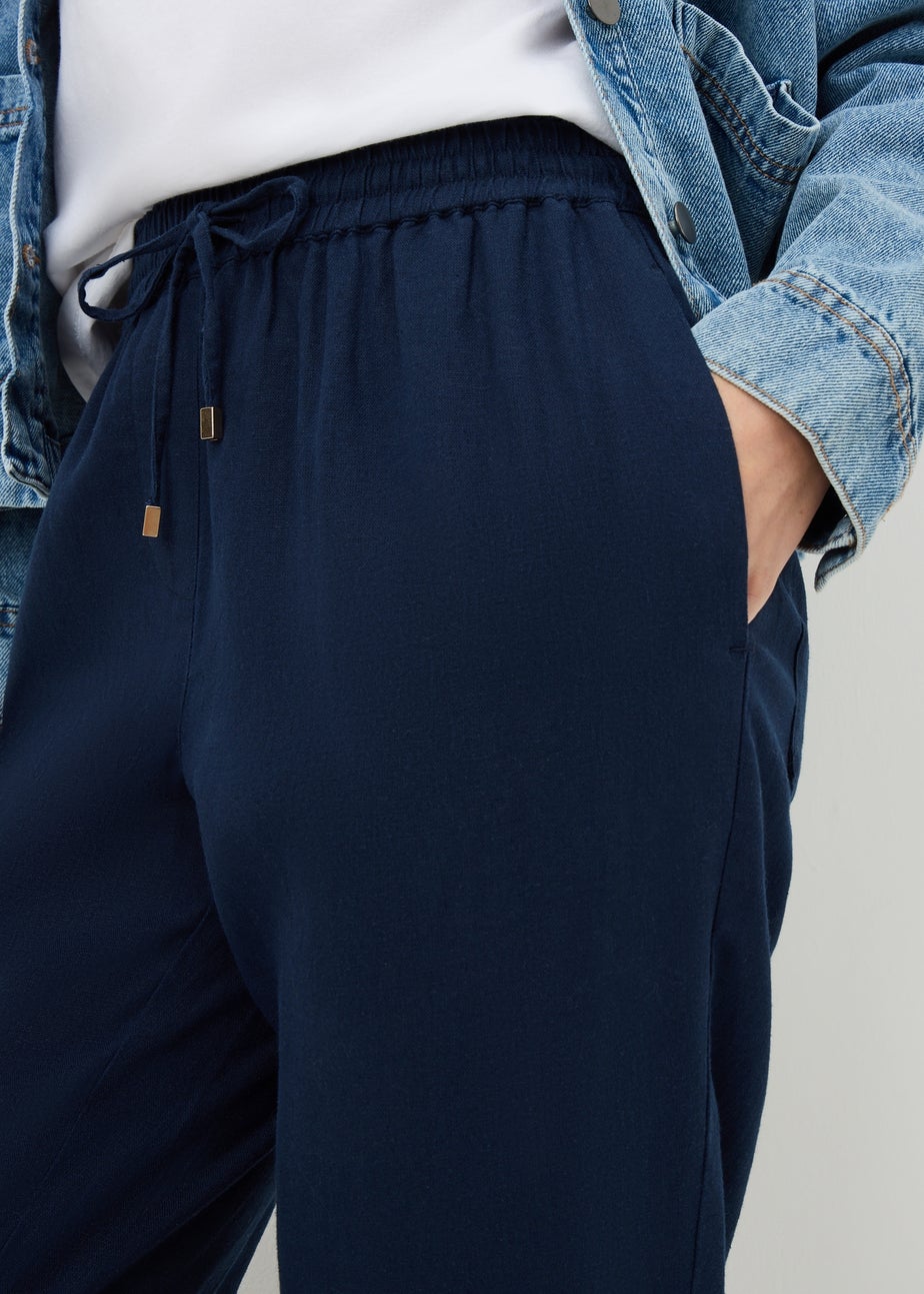 Navy Linen Blend Tapered Trousers