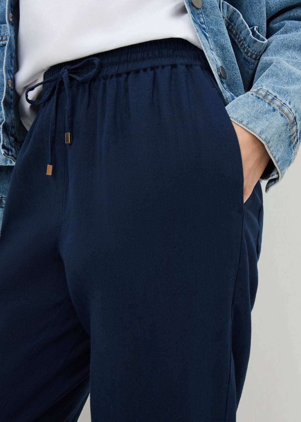 Navy Linen Blend Tapered Trousers