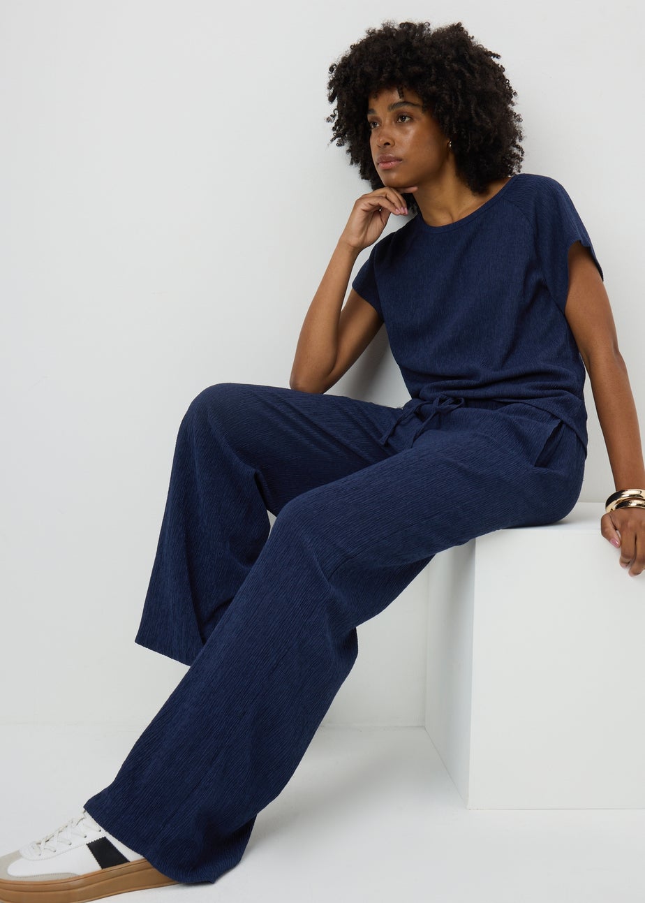Navy Textured Co Ord Wide Leg Trousers