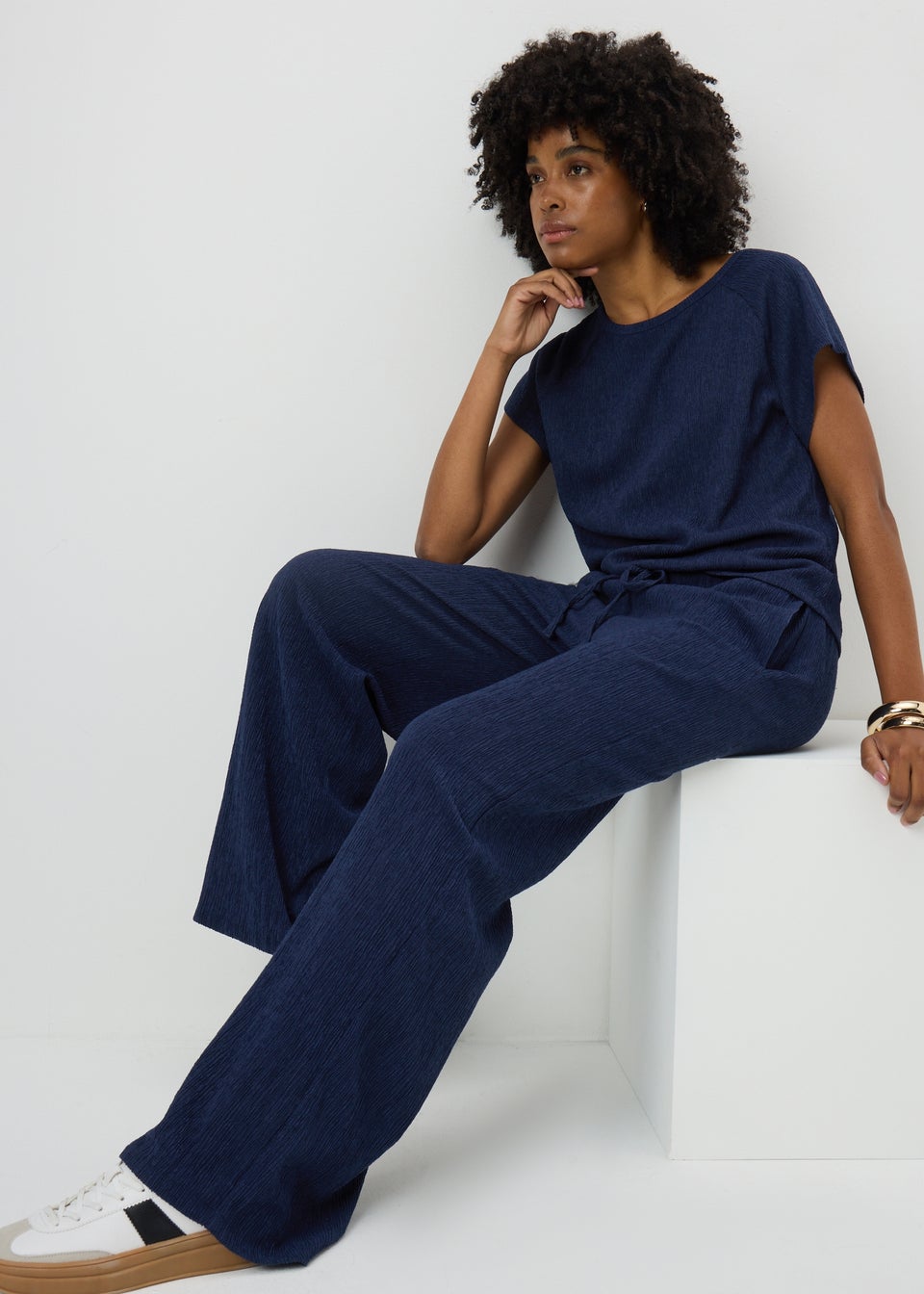 Navy Textured Co Ord Wide Leg Trousers