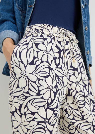 Navy Print Linen Blend Tapered Trousers